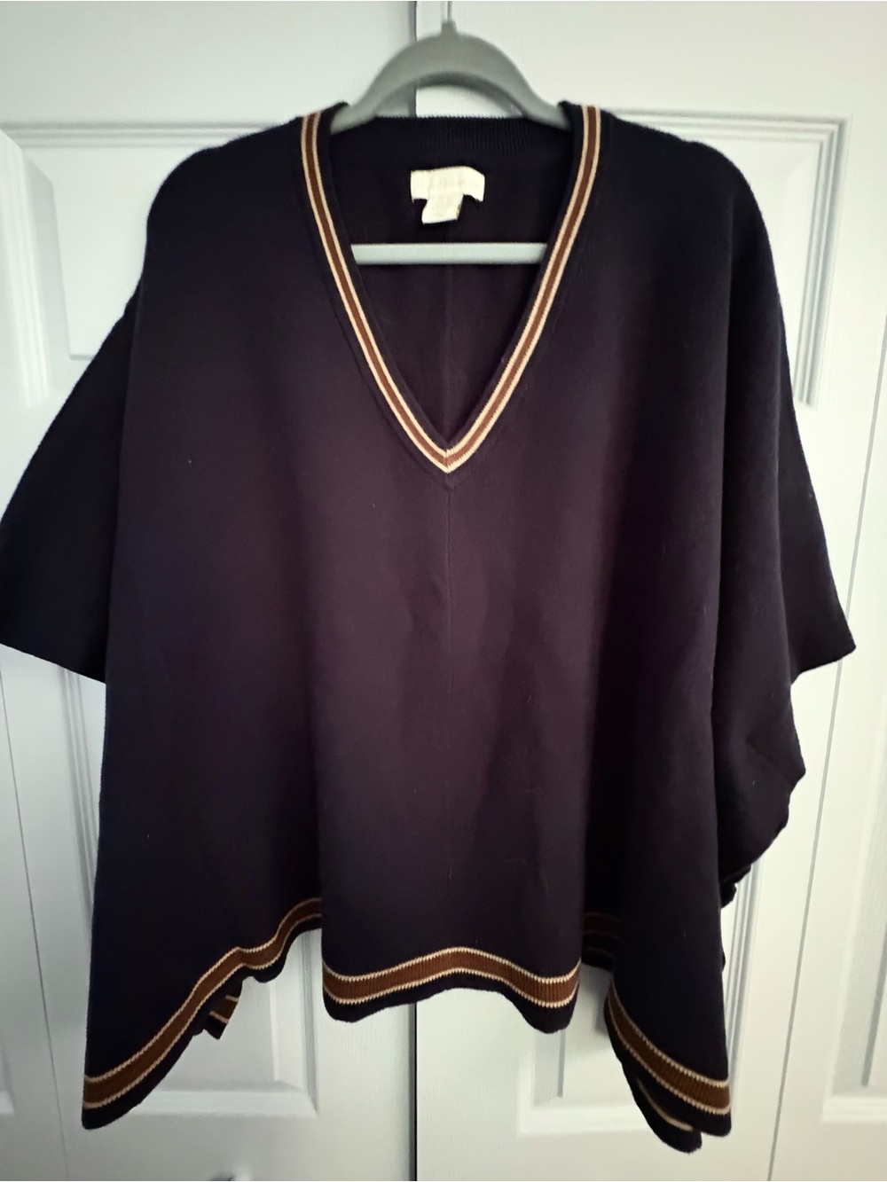 House of Harlow Navy & Khaki V-Neck Poncho with Brown Stripe Trim